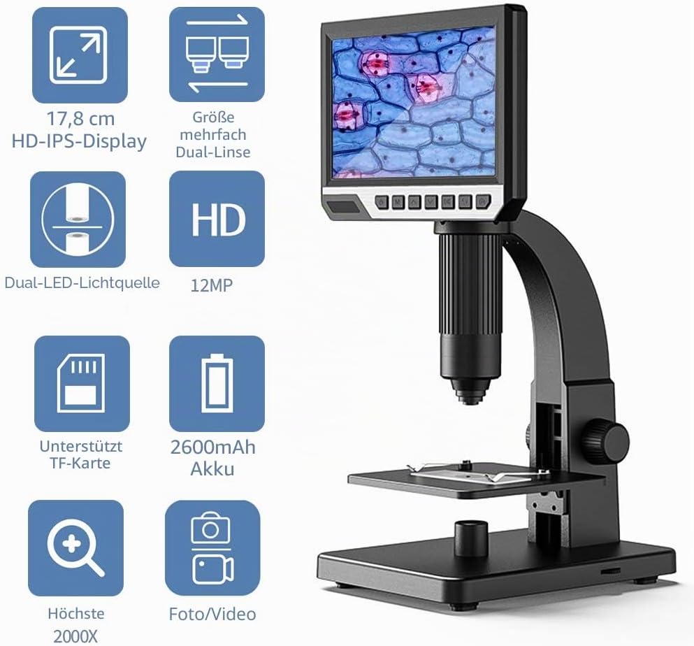 Digitales Mikroskop mit LCD-Display 7 Zoll (17.8 cm) Doppelobjektiv, 500 – 2000 X Kamera mit 12 MP u