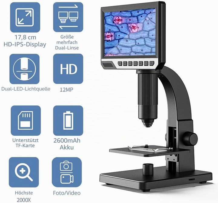 Digitales Mikroskop mit LCD-Display 7 Zoll (17.8 cm) Doppelobjektiv, 500 – 2000 X Kamera mit 12 MP u