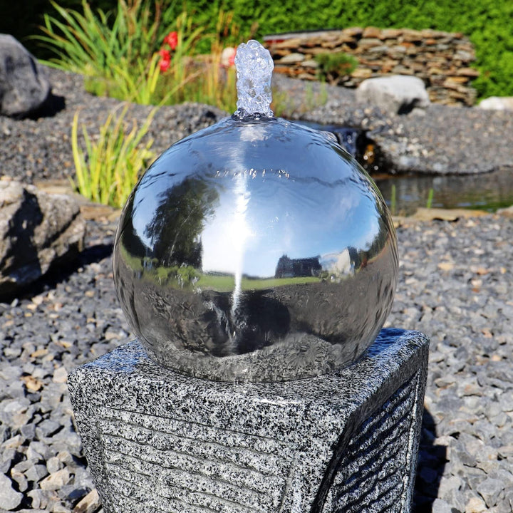 Granit Springbrunnen SB17-2 mit Säule und Edelstahl Kugel Gartenbrunnen Set Stein mit LED Beleuchtun