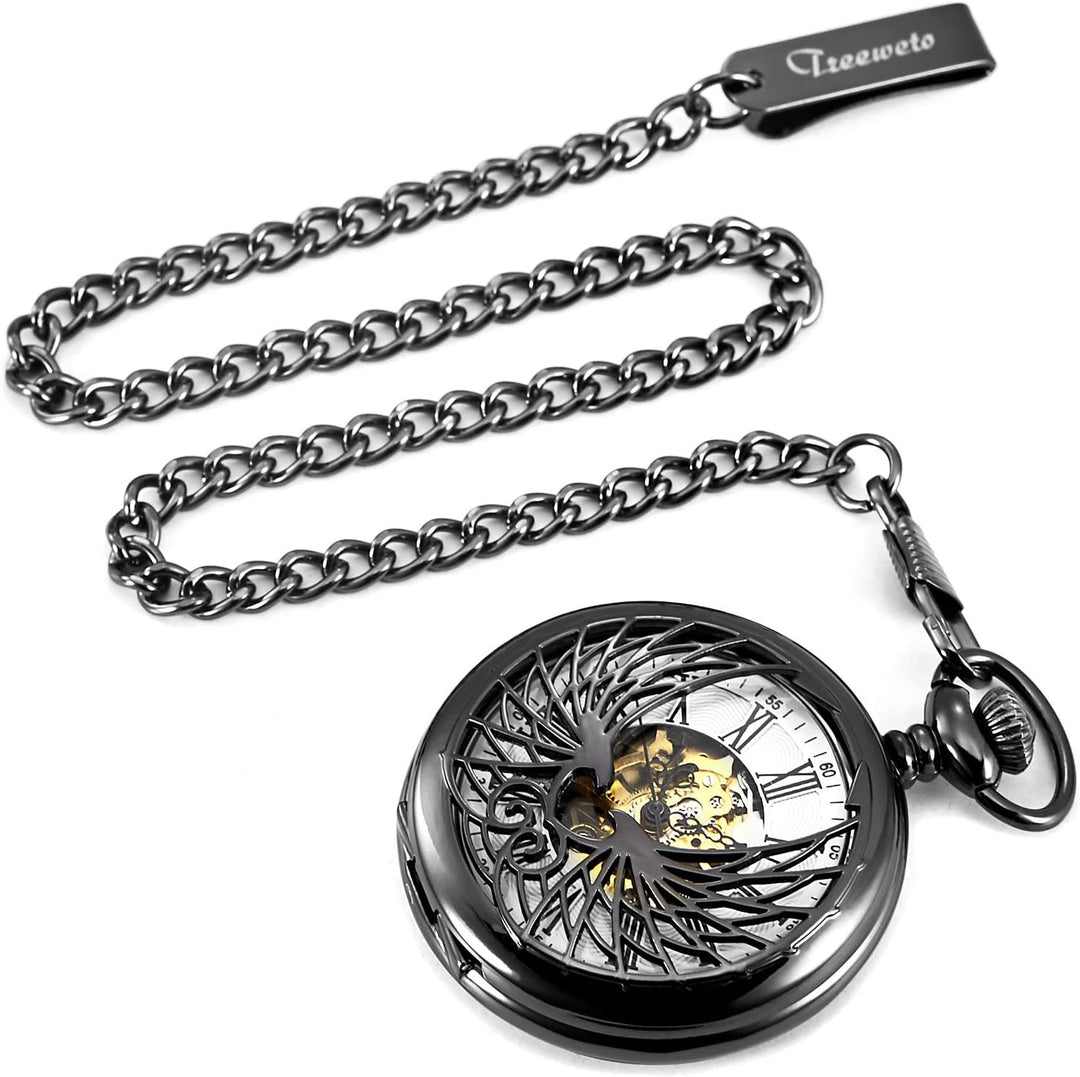TREEWETO Unisex Taschenuhr mit Kette Analog Handaufzug Adler Skelett R?mische Ziffern Schwarz