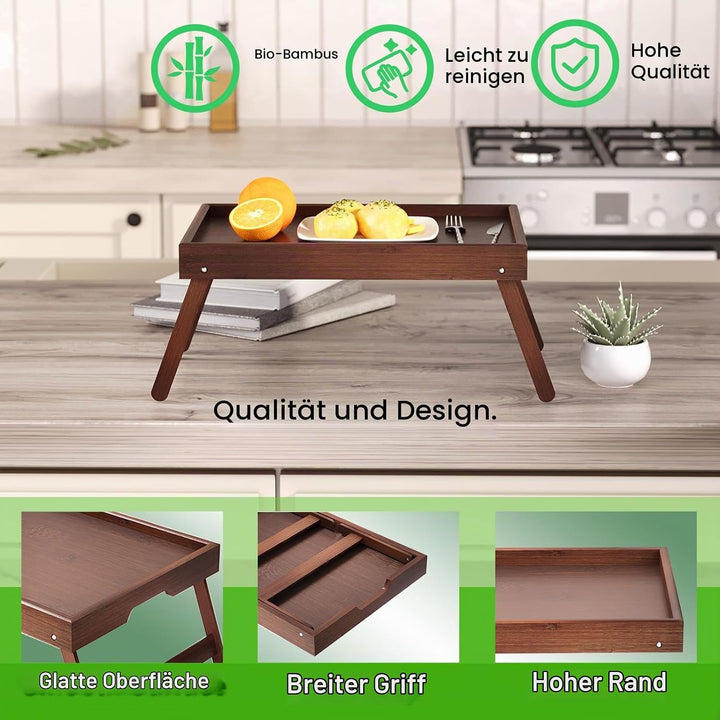2er Pack Betttablett mit klappbaren Beinen, Bambus Frühstückstabletts, Serviertablett Betttisch für