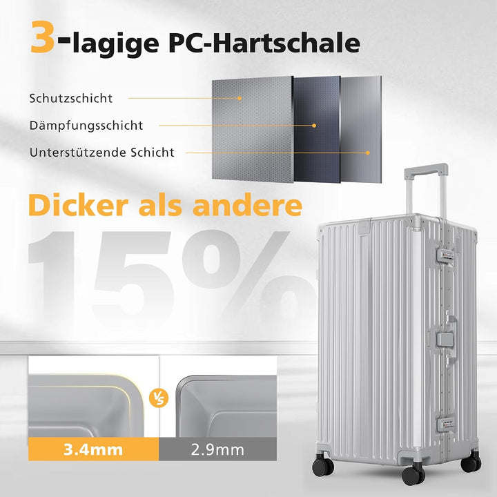 ALPHA CAMP Koffer XXL Hartschale mit TSA Schloss Koffer Gross 105L Silber | Aluminium Rahmen Polycar