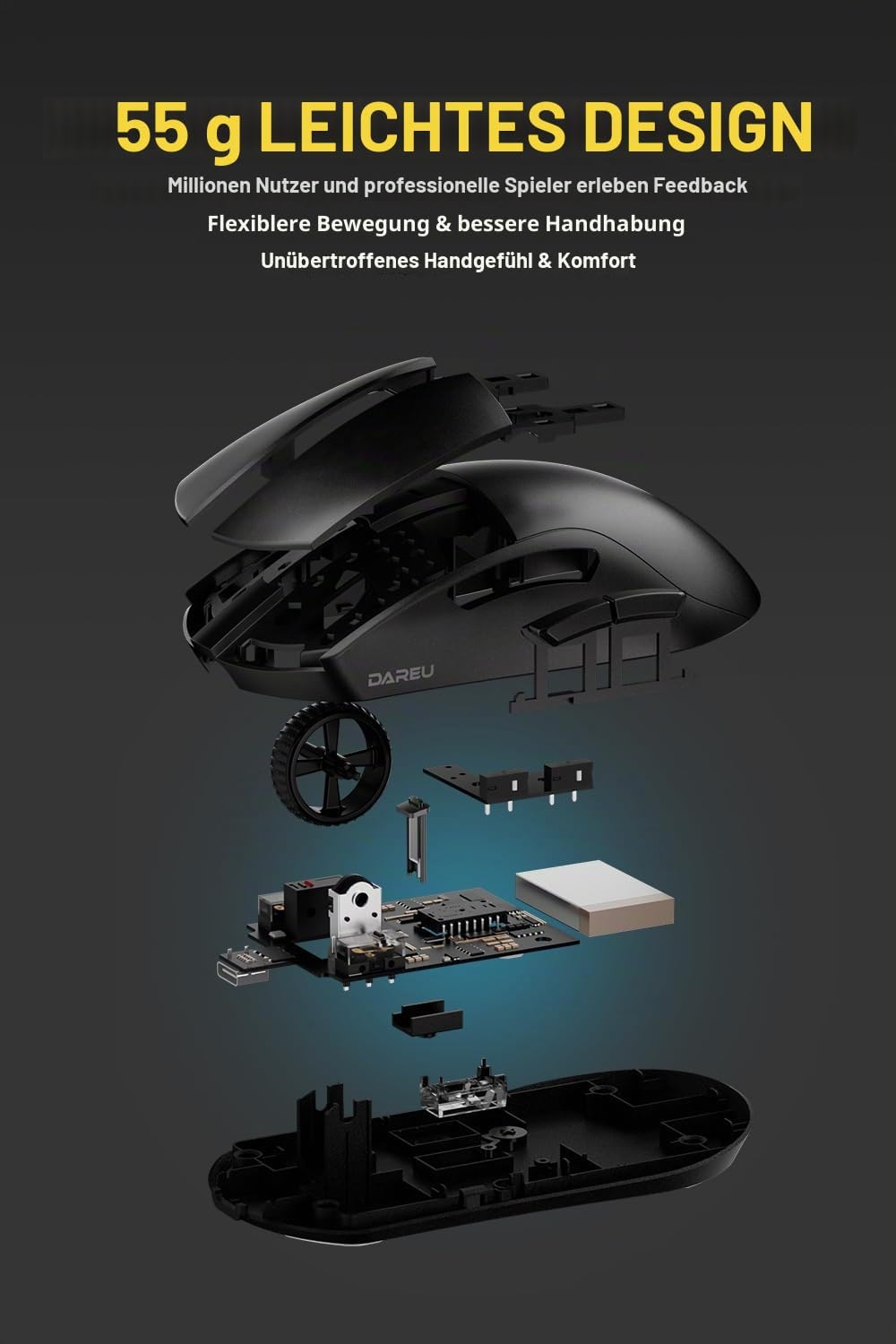 DAREU A950pro 4K Wireless Gaming Mouse: 55 g Ultraleicht, 4 kHz Abtastrate, Optischer Sensor PAW3395