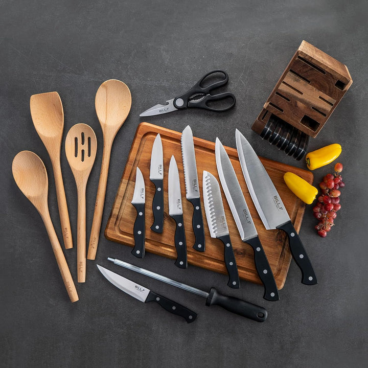 Bill.F Messer Set, Holz Küche Set für Küche mit Block Edelstahl Messer 16 Pcs, 4pcs Holz Kochutensil