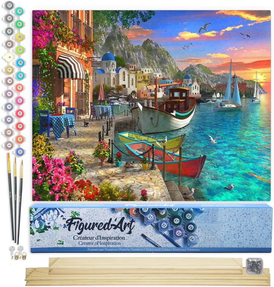 Figured'Art Malen Nach Zahlen Erwachsene Mit Rahmen Kleiner Hafen - Paint by Numbers Basteln DIY Bas