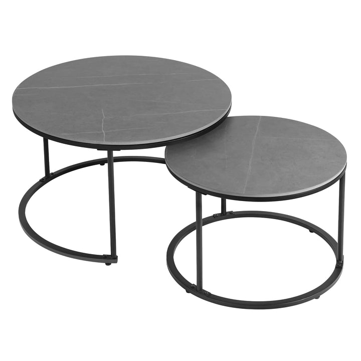 FATIVO Marmor Couchtisch 2er Set: Satztisch Rund Wohnzimmertisch mit schwarz Metallrahmen - Satztisc