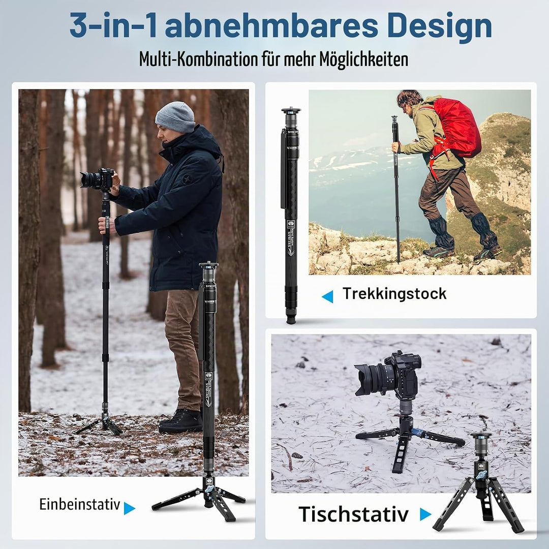 SIRUI SVM-145 Einbeinstativ Kohlefaser Kamera, 145cm Carbon monopod Rapid System Einstufige Höhenver