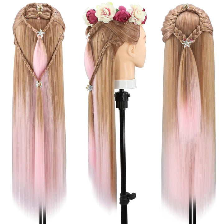 Trainingsköpfe, 28 Zoll Frisierkopf für Friseure, 100% Kunstfaser Haar Übungskopf, mit DIY Strickset