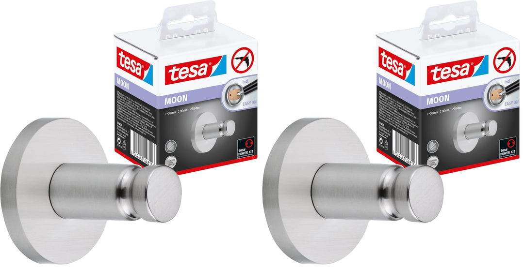 tesa Moon Klebehaken, verchromt, runde Form - Bad-Haken zur Wandbefestigung ohne Bohren, inkl. Klebe