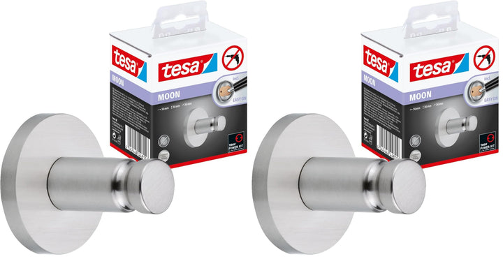 tesa Moon Klebehaken, verchromt, runde Form - Bad-Haken zur Wandbefestigung ohne Bohren, inkl. Klebe