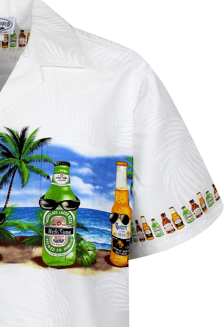 P.L.A. Pacific Legend Original Hawaiihemd, Kurzarm, Bierflaschen Corona Brustdruck, Weiss, XXL