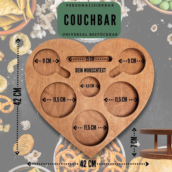 Herz Couchbar in Eiche - Couch Tablett mit 4 Glasschalen - Sofatablett für Snacks & Getränke [stabil