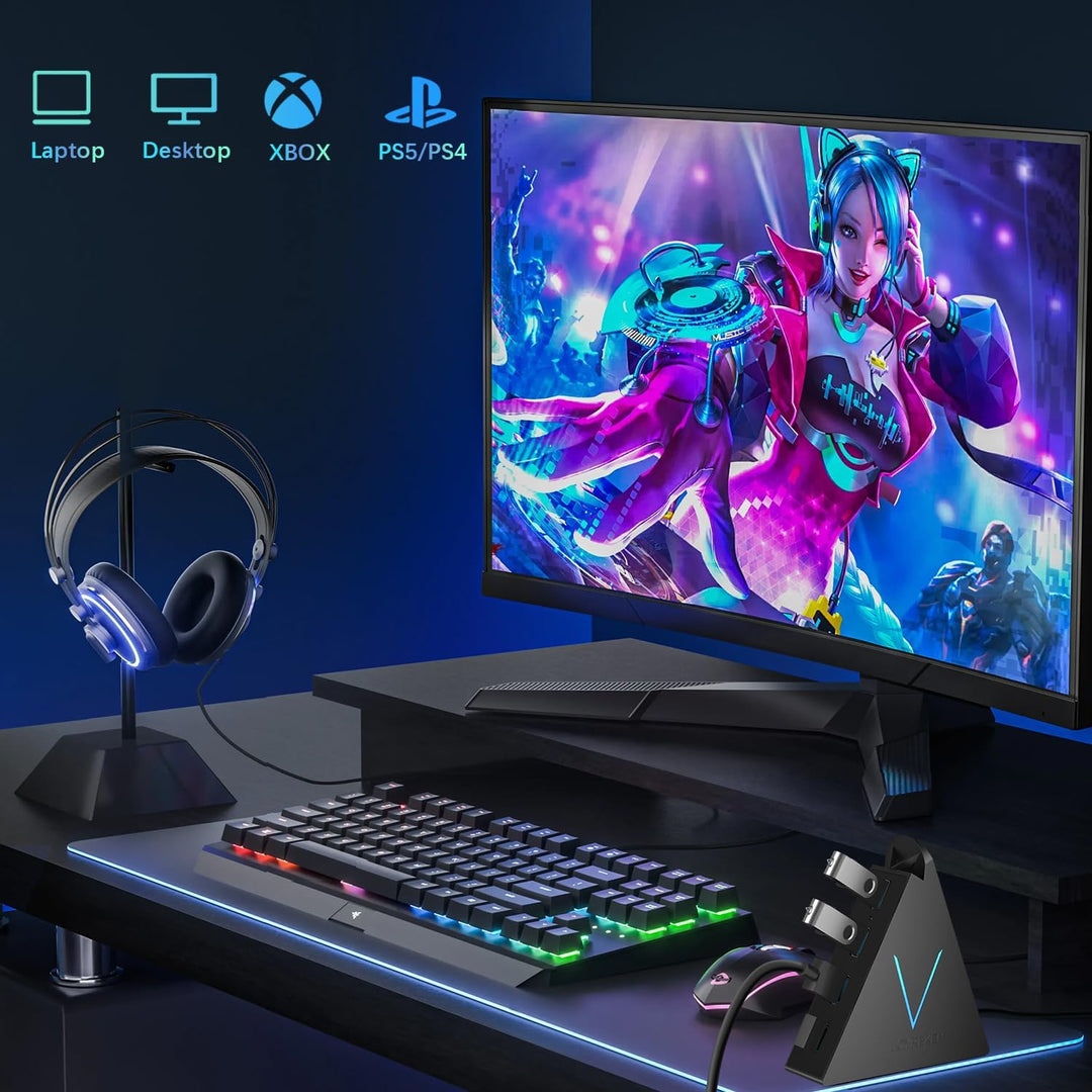 4-Port USB 3.0 Hub, FlyingVHUB USB Hub Tower mit 60 cm verlängertem Kabel, RGB-Beleuchtung (mit Scha