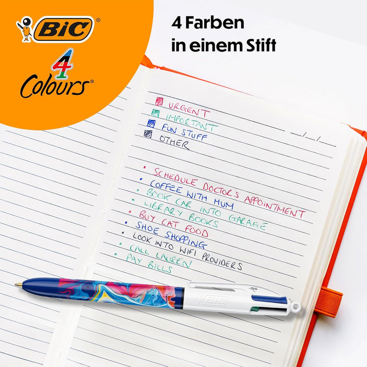 BIC 4 Farben Kugelschreiber Set 4 Colours Dekor Botanik, verschiedene Designs, 5er Pack, nachfüllbar