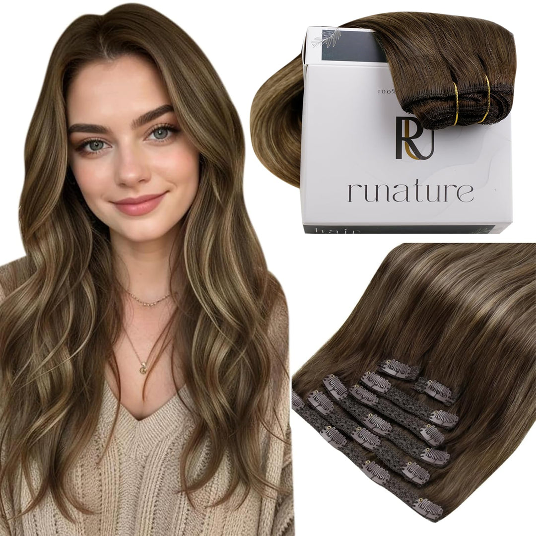 RUNATURE Echthaar Extensions Clip Braun Balayage Ombre Blond Clip in Extensions Echthaar Balayage Du