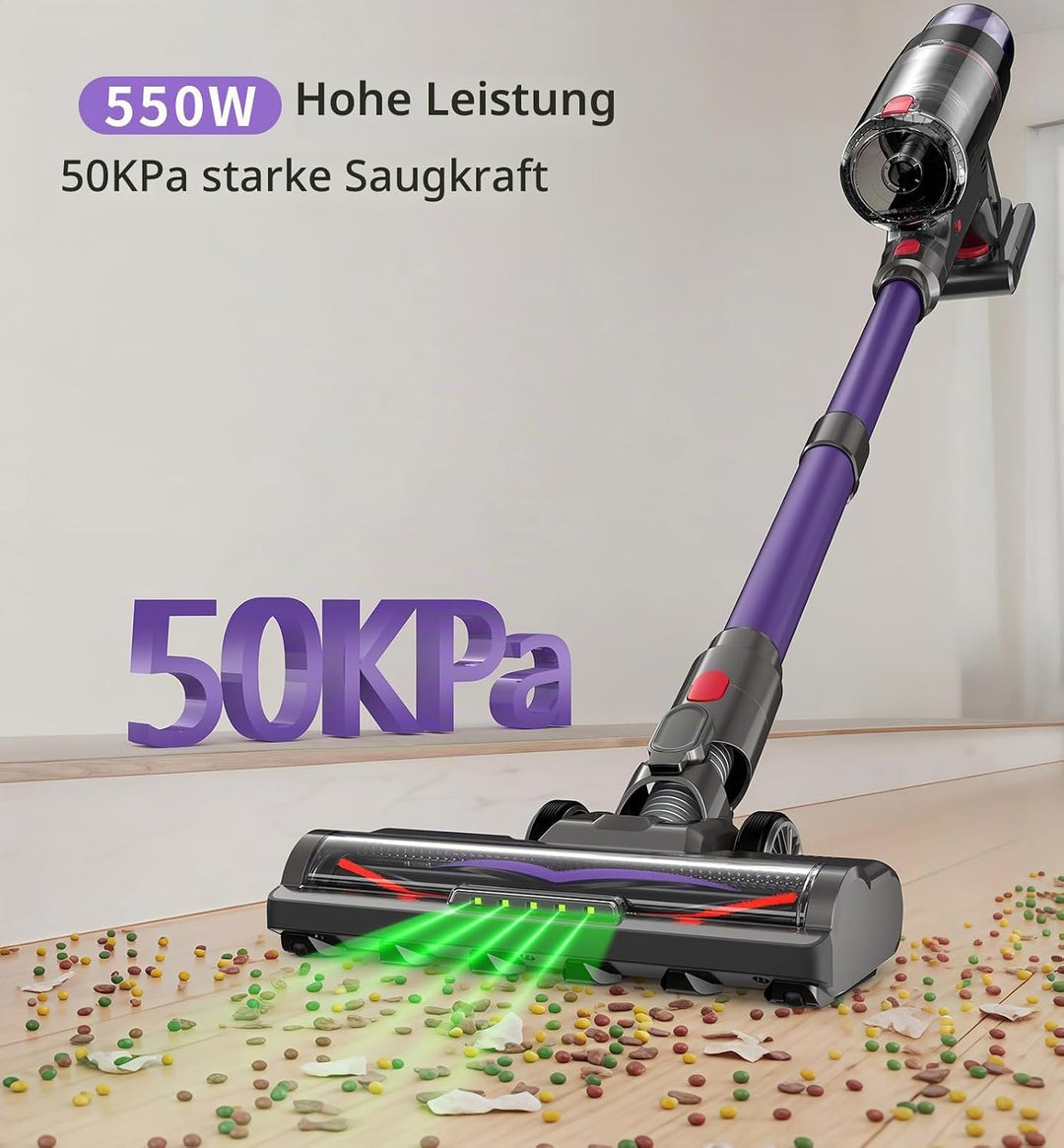 AKKU Staubsauger Kabellos 550W Leistungstark, Akku Sauger Beutellos mit Touchscreen Selbststehend An