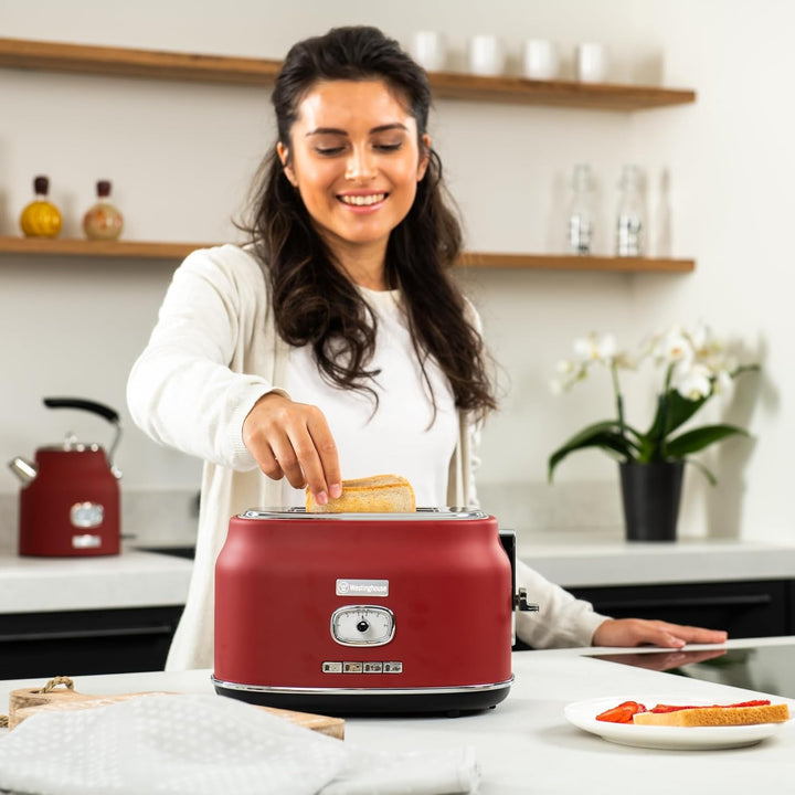 Westinghouse Retro Toaster 2 Scheiben, Abnehmbarer Brötchenaufsatz, 6 Bräunungsstufen, Brotzentrieru