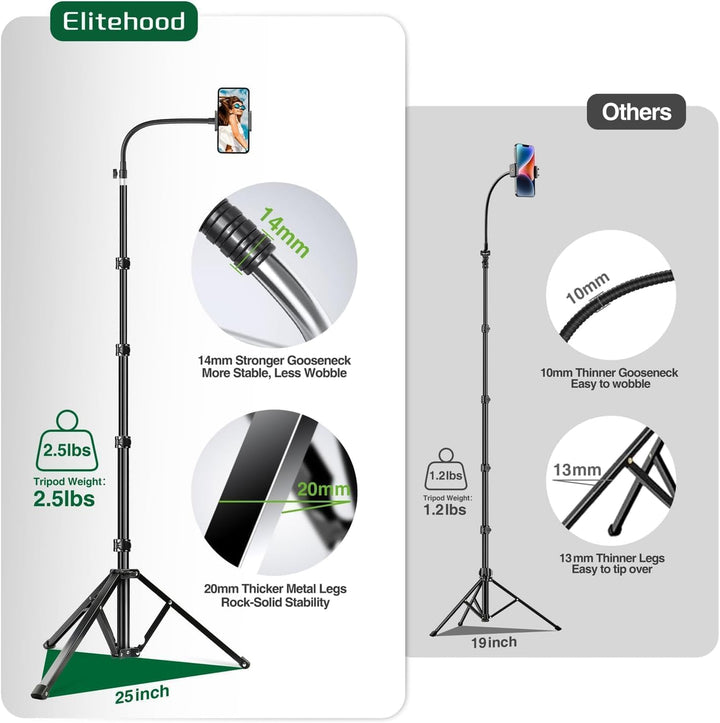elitehood 203cm Handy Stativ, 360° Drehbar Overhead Stativ iPhone Gross | Hoch Aluminium Stativ für