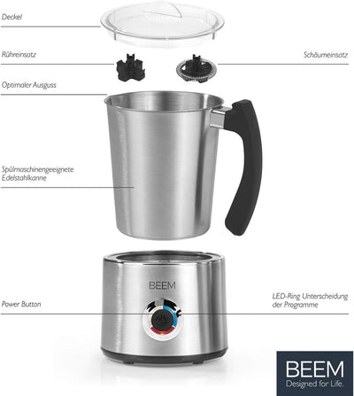 BEEM MILK-SWIRL Milchaufschäumer - 200 ml | elektrischer Milchaufschäumer mit 3 Programmen für optim