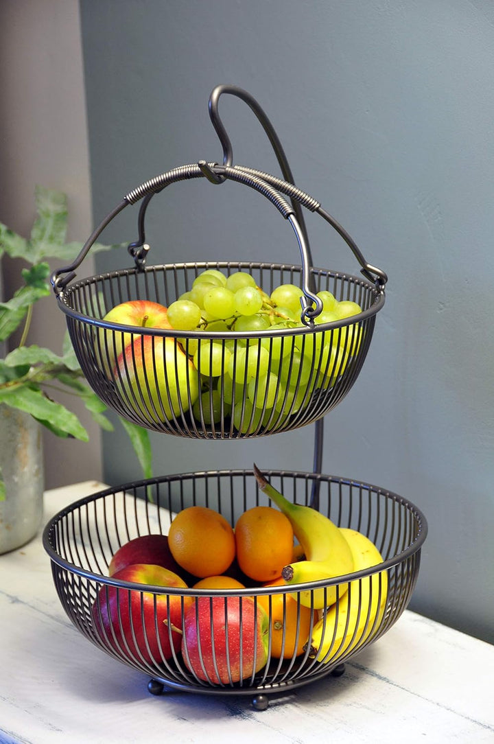 CALUTEA Moderne Obst Etagere // Metall // Schwarz // 3-teilig // zwei grosse Obstschalen & Bananenha
