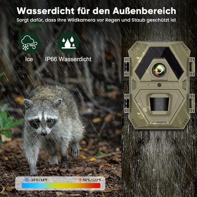 Wosports Wildkamera 24MP 1440P Video Wildtierkamera mit Nachtsicht Bewegungsmelder, 850 nm IR-LEDs N