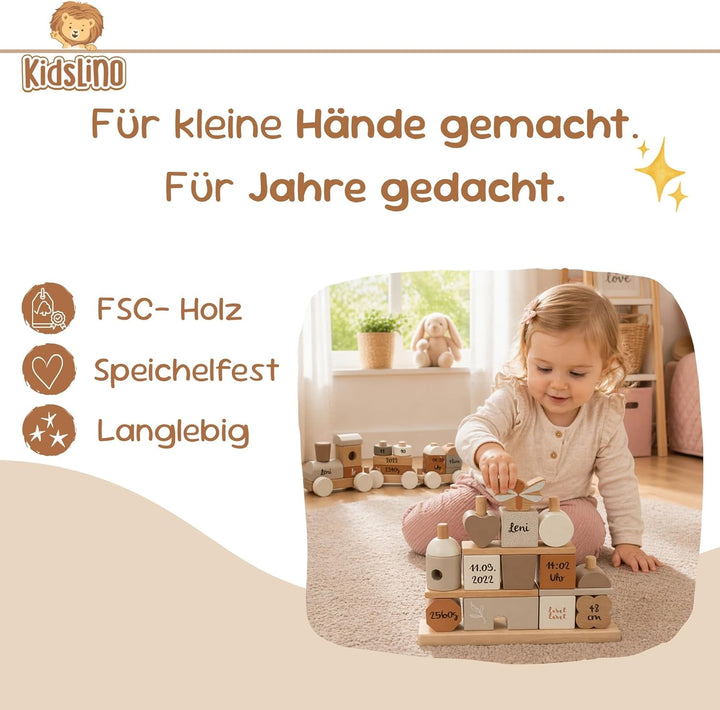 Personalisiertes Holz Steckspiel Haus Nougat – Baby Geschenk zur Geburt für Jungen & Mädchen – mit N