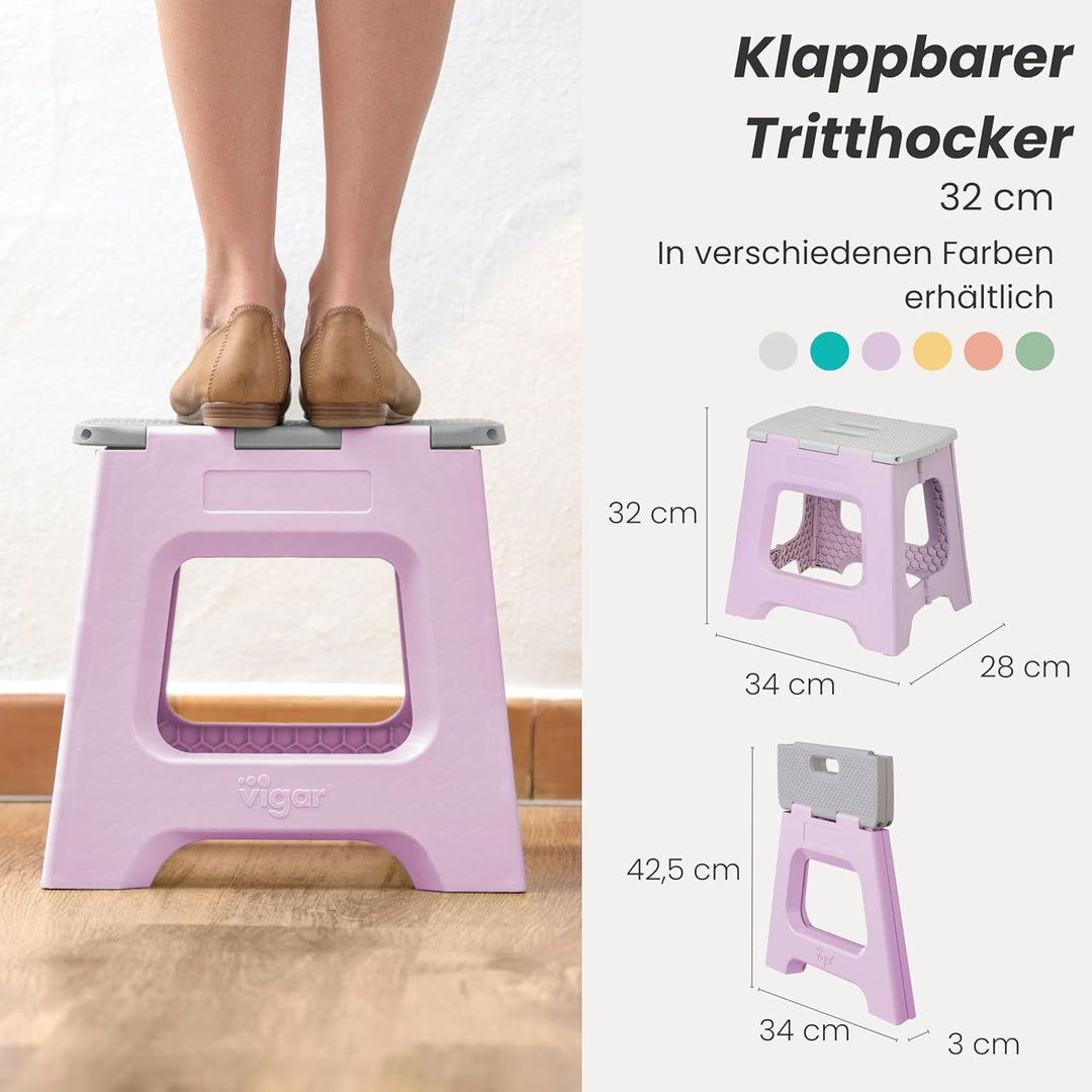 Vigar Kompakte Tritthocker Klappbar für Erwachsene, 32 cm, Klapphocker Faltbar 150 kg rutschfest, Le
