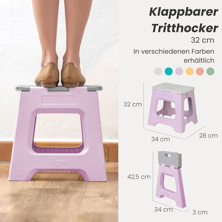 Vigar Kompakte Tritthocker Klappbar für Erwachsene, 32 cm, Klapphocker Faltbar 150 kg rutschfest, Le