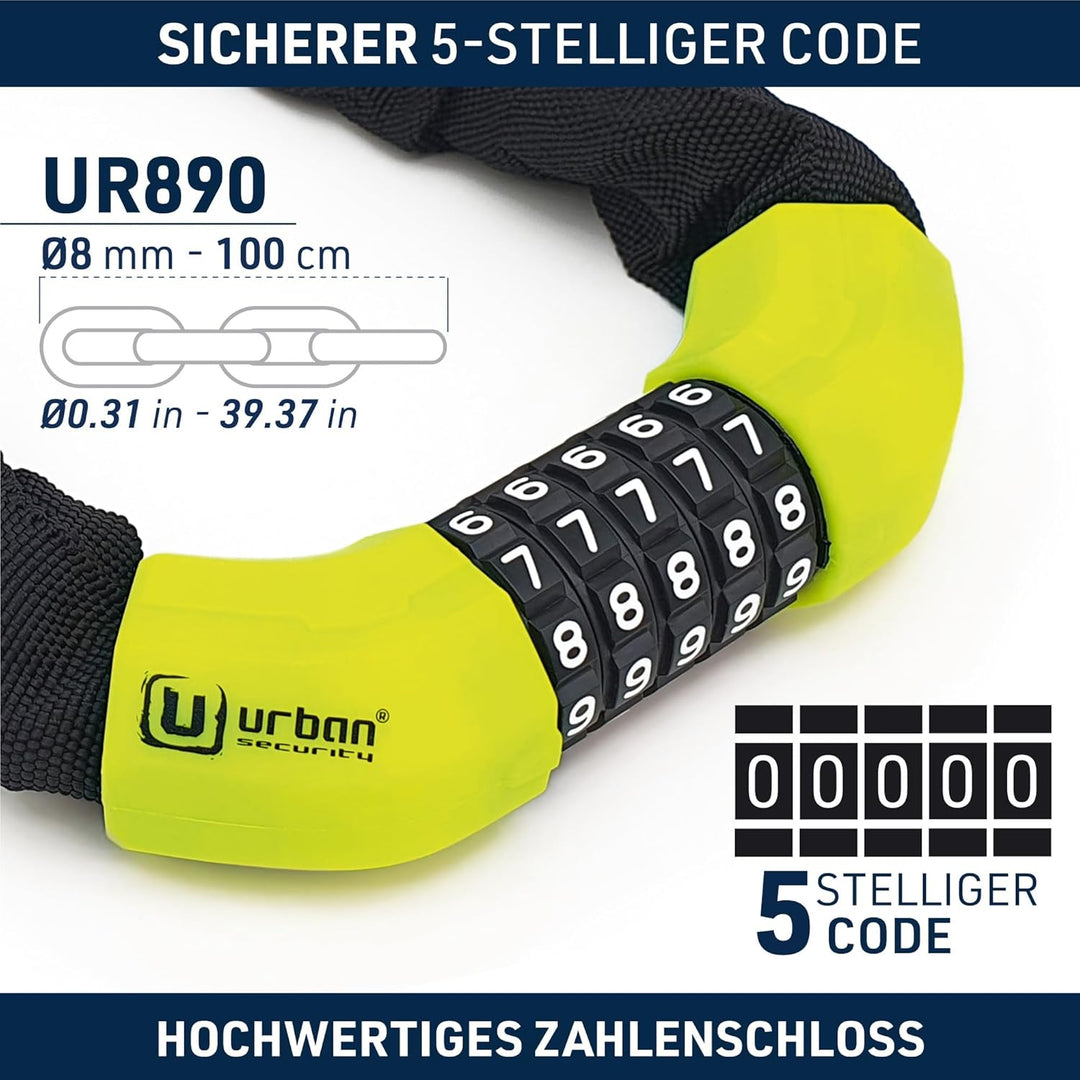 urban UR890 Fahrradschloss Ø8 100cm Stahlkette mit Kombination aus Sicherheitscode und Textilabdecku