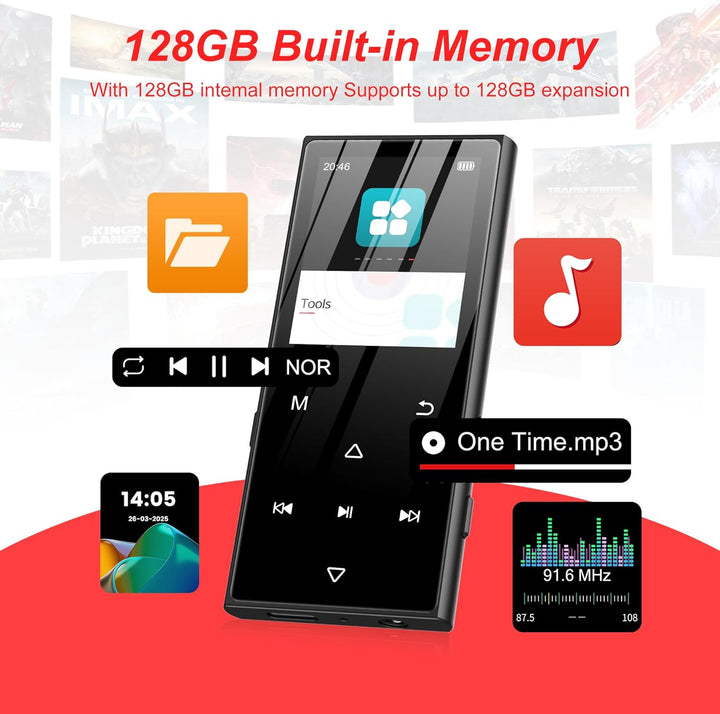 SWOFY 128GB MP3-Player mit Bluetooth 5.3 und einem 1.8-Zoll-Touchscreen, HiFi-Musik, Kinder-MP3-Play