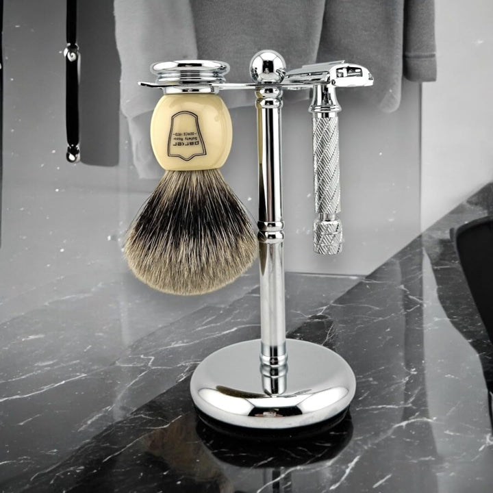 Parker Safety Razor Deluxe 2 Prong Sicherheits-Rasiermesser und Rasierpinsel Rasierständer Aus Chrom