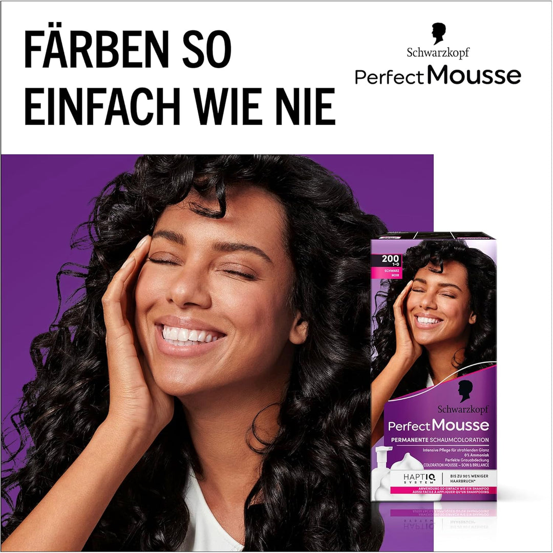 Schwarzkopf Perfect Mousse Permanente Schaumcoloration 200/1-0 Schwarz (3 x 92.5 ml), Haarfarbe mit