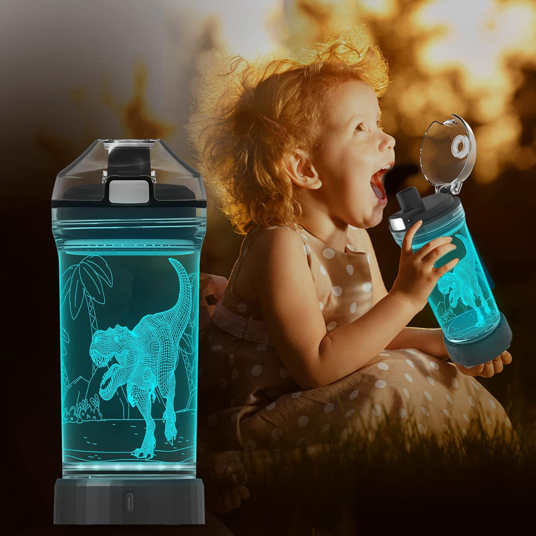 Lightzz Kids Wasserflasche mit 3D leuchtendem Dinosaurier LED Licht - 14 OZ Tritan BPA Free - Kreati