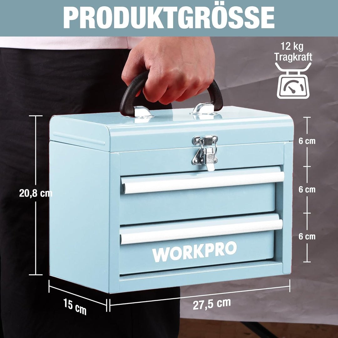 WORKPRO Metall Schubladenbox mit 2 Schubladen & Oberer Stauraum Hellblau, 27,5x15x20,8cm Tisch Organ