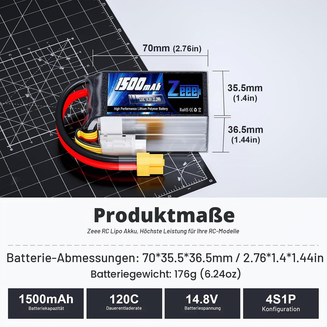 Zeee 4S LiPo Akku 1500mAh 14,8V 120C mit XT60 Steck für UAV Drones FPV Rennrad Quadcopters Flugzeug