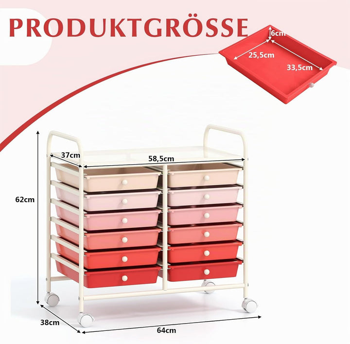 COSTWAY Rollwagen mit 12 stapelbaren Schubladen, Schubladenwagen Rollcontainer mit Metallgestell &amp; A