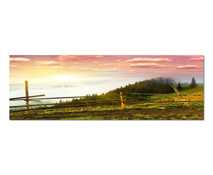 Paul Sinus Art Panoramabild auf Leinwand und Keilrahmen 150x50cm Morgengrauen Landschaft Wald Wiese