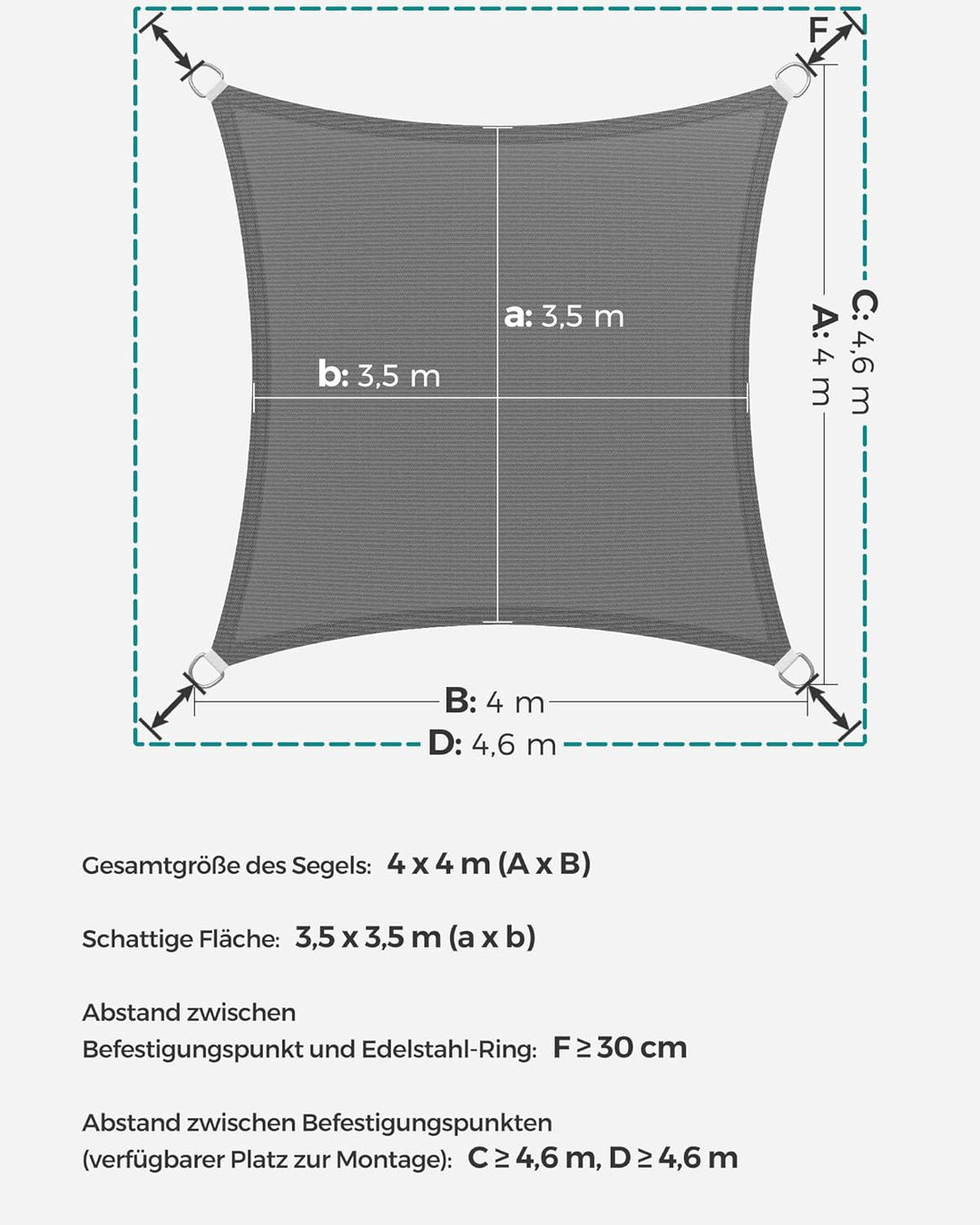 SONGMICS Sonnensegel 4 x 4 m, Sonnenschutz aus HDPE-Gewebe, luftdurchlässig, wasserdurchlässig, für