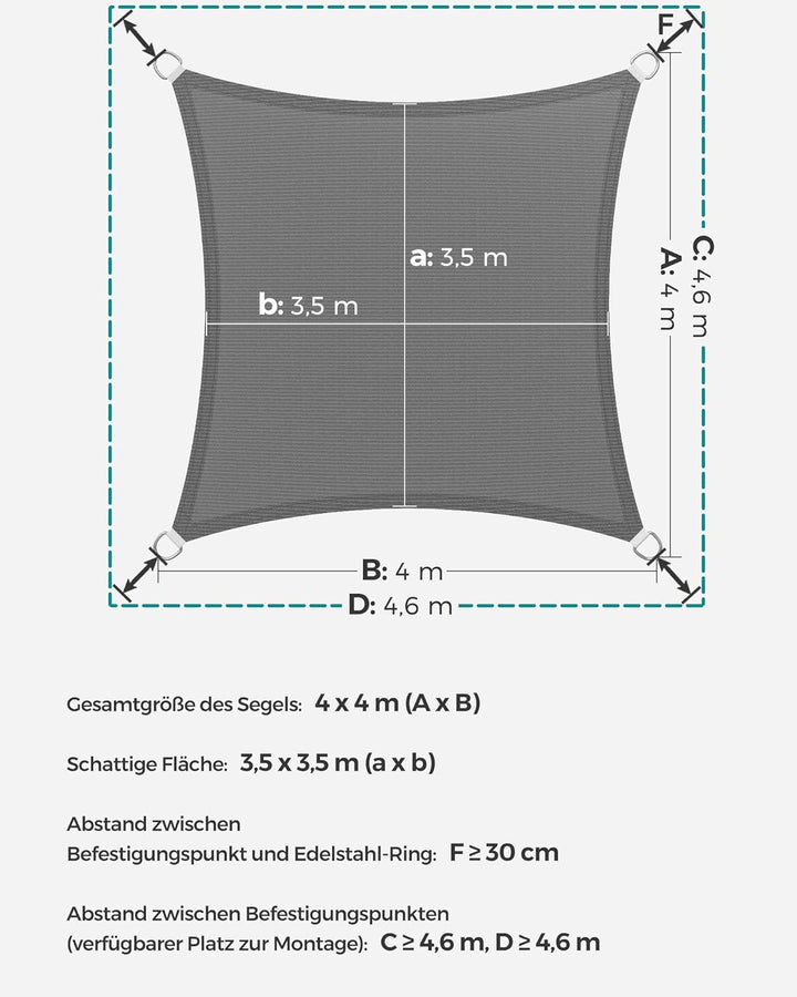 SONGMICS Sonnensegel 4 x 4 m, Sonnenschutz aus HDPE-Gewebe, luftdurchlässig, wasserdurchlässig, für
