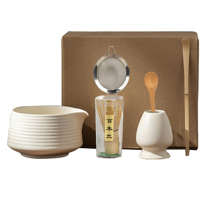 6 Piece Matcha Tea Set Beige Weiss,Matcha Besen Set, with Matcha Whisk, Matcha Broom,Matcha Schale,M