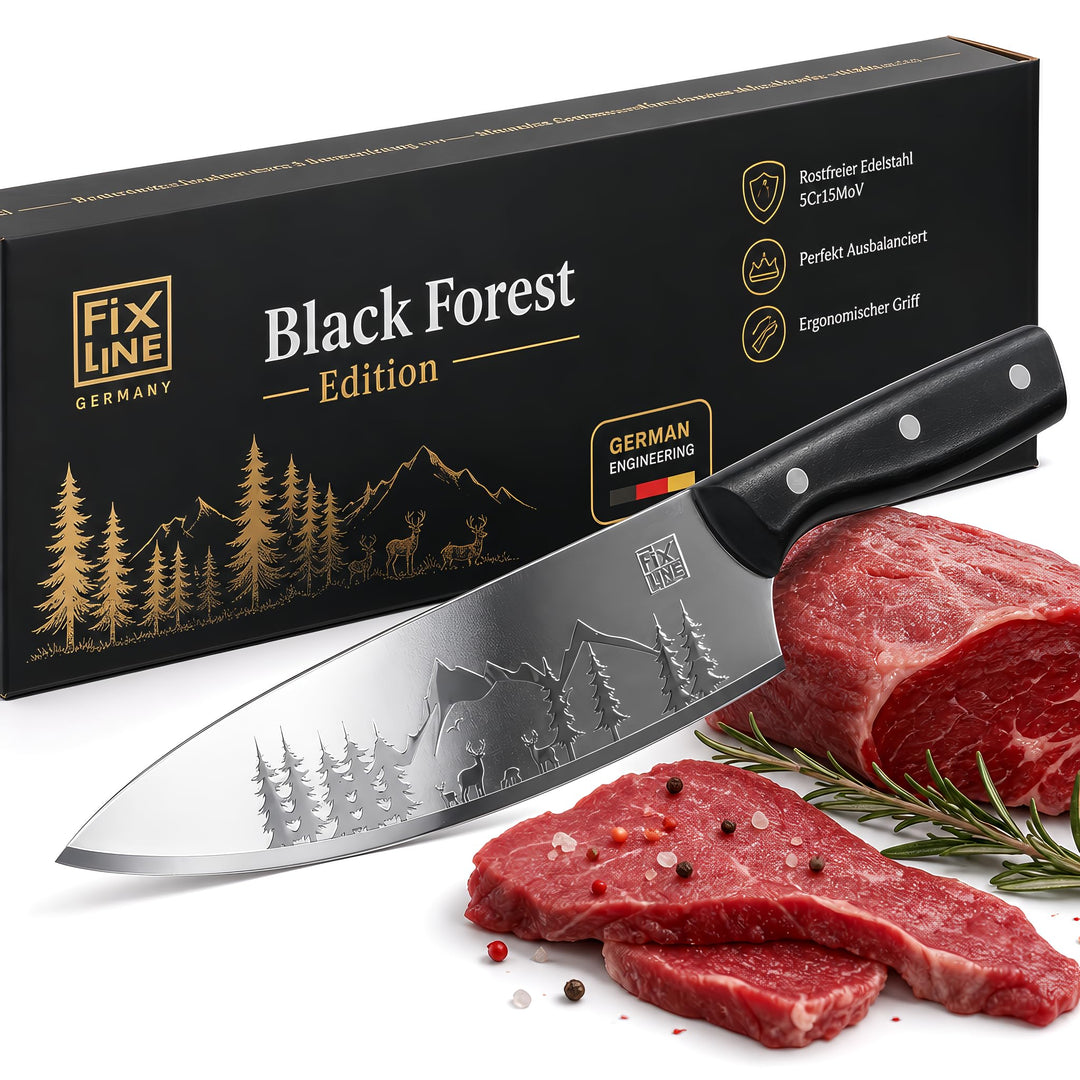 FIXLINE® Chefmesser 20cm BLACK FOREST Edition – Starkes Allround-Kochmesser - rasiermesserscharf - r
