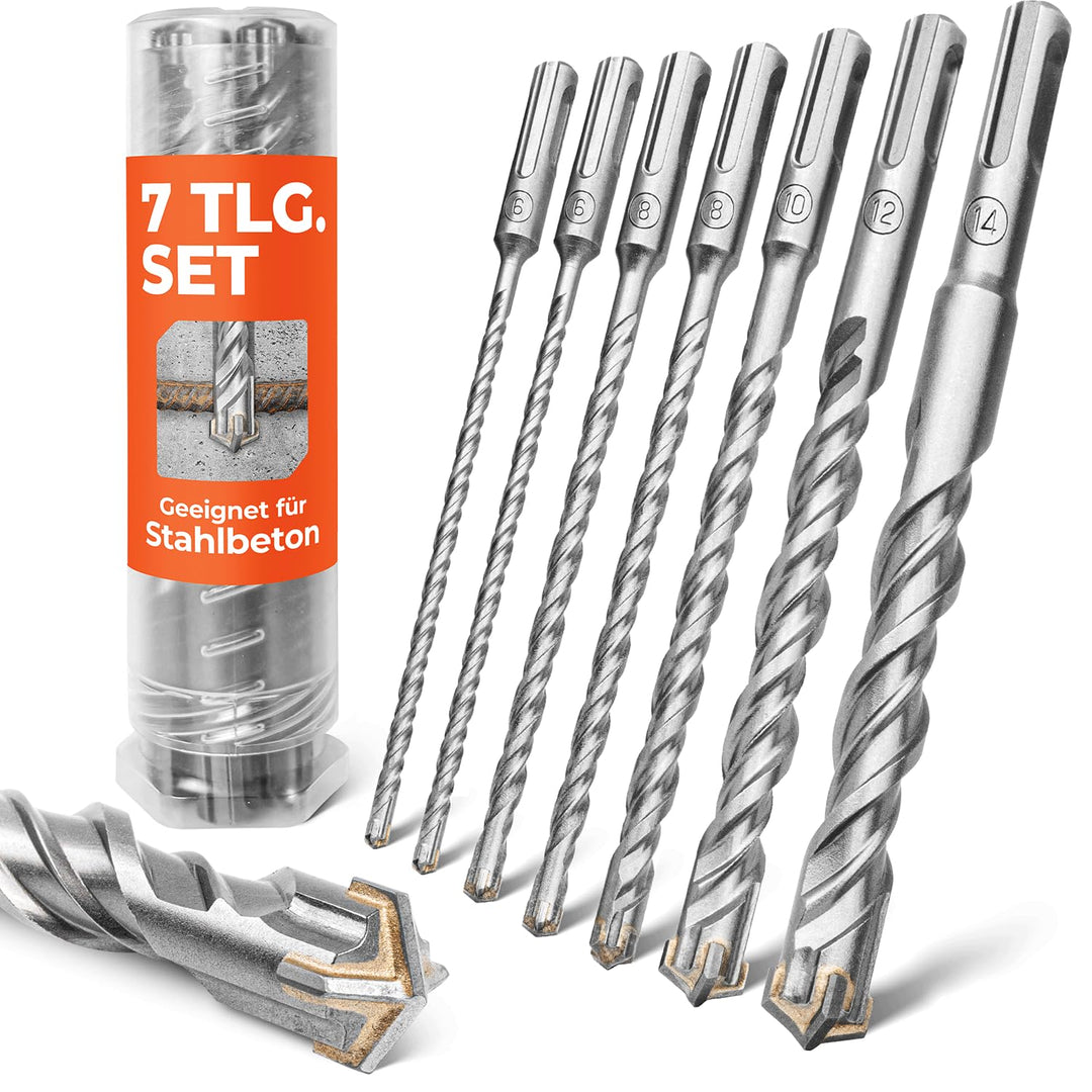 BAUBECK SDS Plus Bohrer Set für Beton [7tlg - Ø6-14 &amp; 160mm lang] 4 Schneiden - Langlebige Betonbohr
