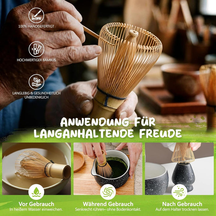 Matcha Set 7-teilig | Premium Tee-Zeremonie Set mit Matcha-Schale, Bambus-Chasen, Halter, Löffel, Si
