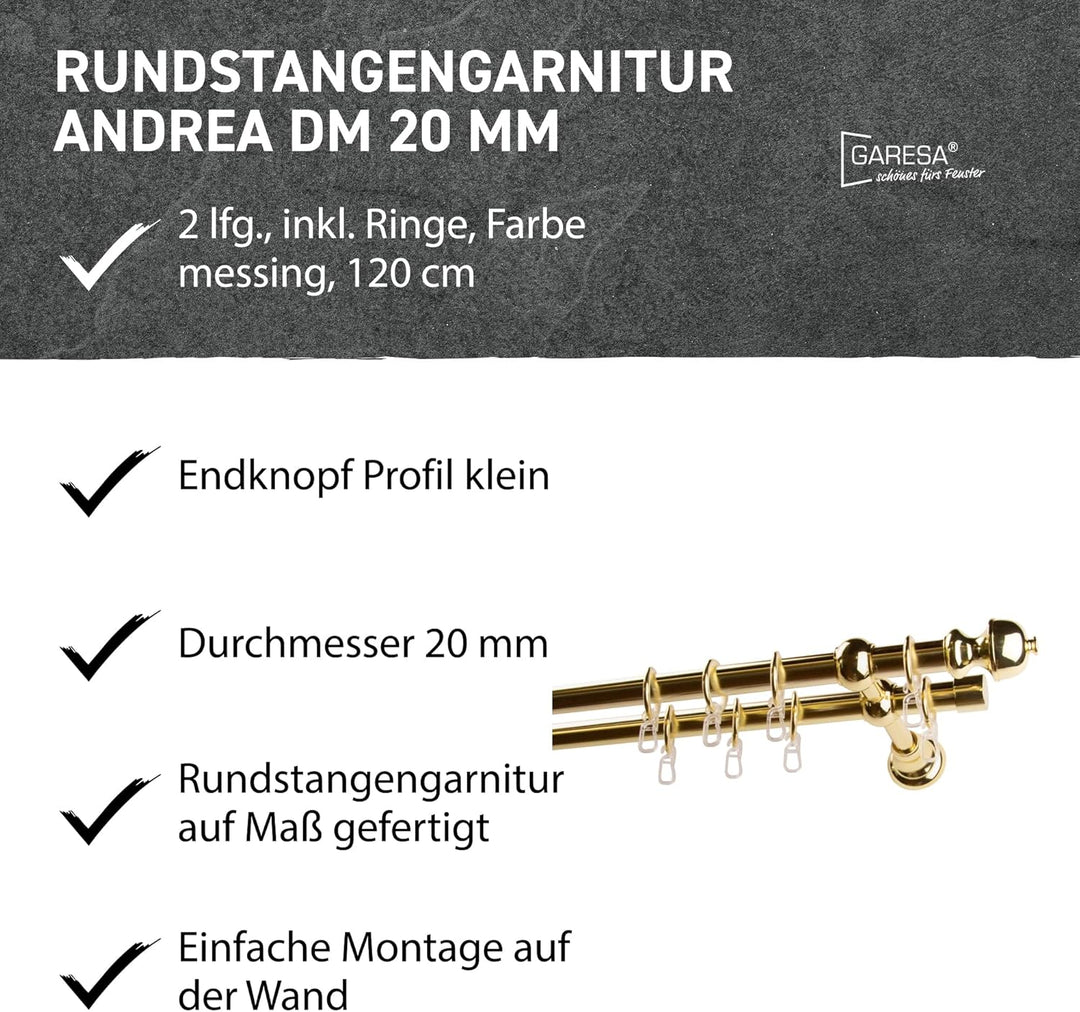 Garesa Gardinenstange Andrea Ø 20mm, 2-läufig, Messing I Stabile Vorhangstange inkl. Ringe + Faltenl