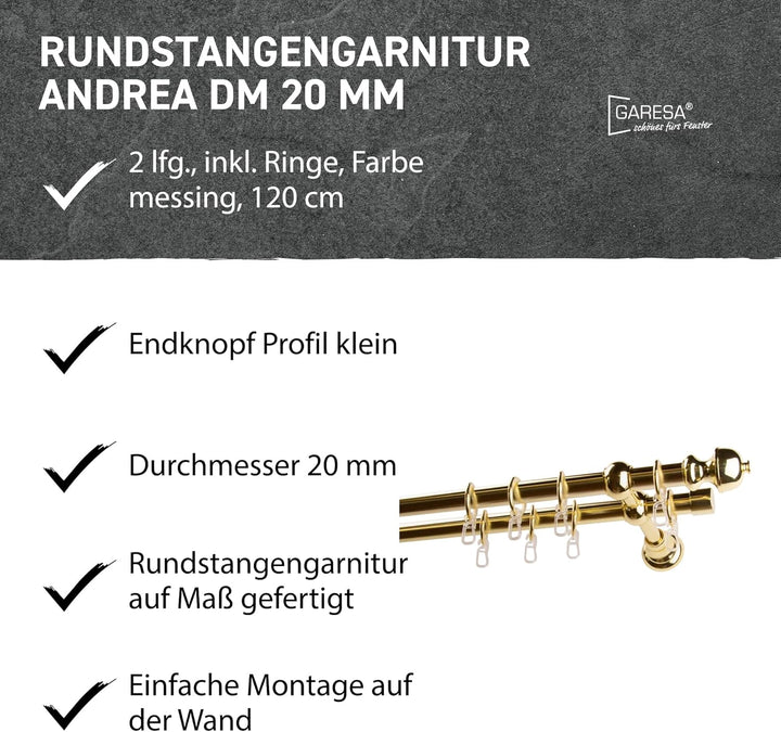 Garesa Gardinenstange Andrea Ø 20mm, 2-läufig, Messing I Stabile Vorhangstange inkl. Ringe + Faltenl