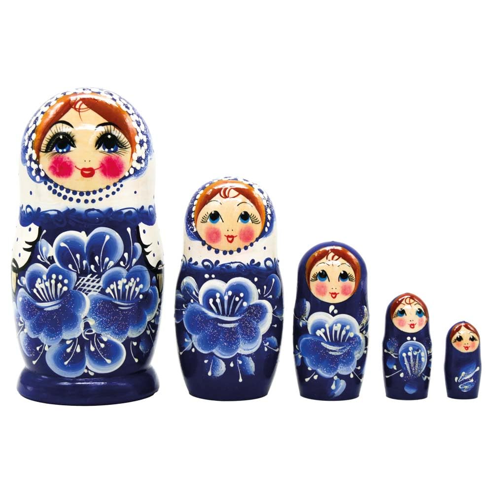 Blaue Blumen Matrjoschka Matröschka Matroschka Babuschka 18cm Höhe - 5 Holz-Puppen - Verschiedene Mo