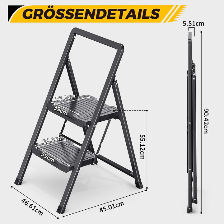 KINGRACK Trittleiter 2 Stufen, Leiter Klappbar mit Handlauf Belastbar bis 150 kg, Rutschfester Tritt