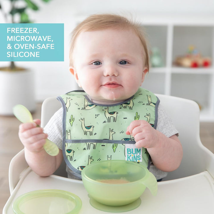 Bumkins - Erstes Baby Fütterungsset aus Silikon mit Saugnapf, Deckel und Löffel, Grün Jelly Green Je