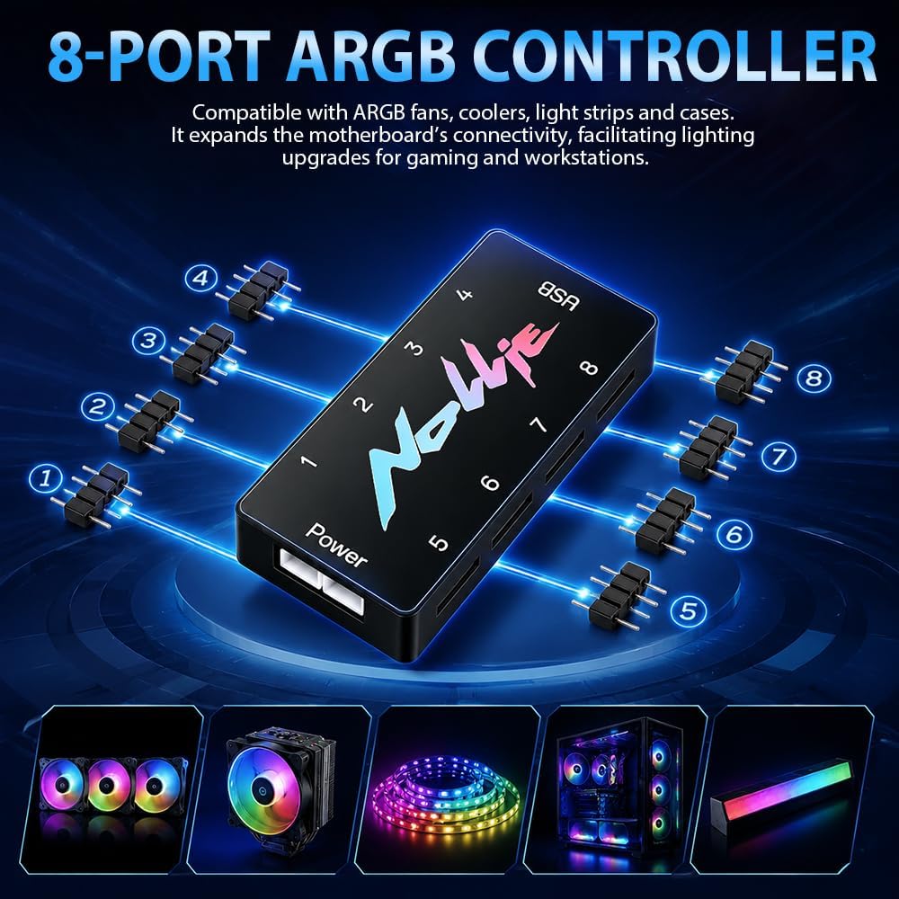 8-Port ARGB Controller, SGZIOO ARGB PWM Fan Hub, 5V 3 Pin RGB Controller PC mit 2 SATA-Kabel, Lüfter