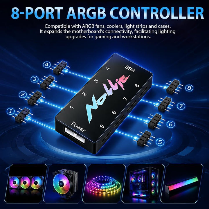 8-Port ARGB Controller, SGZIOO ARGB PWM Fan Hub, 5V 3 Pin RGB Controller PC mit 2 SATA-Kabel, Lüfter